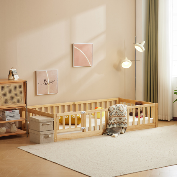 原木色 油漆面 松木 围栏床 带门 带铺板 Twin 儿童木床-13