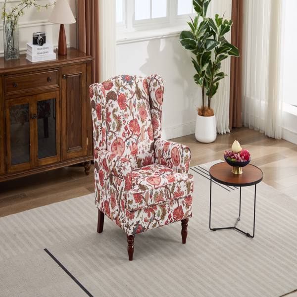 现代风格休闲椅，搭配复古木质椅腿，舒适软垫扶手椅，花卉图案单人沙发椅，适合客厅、卧室、办公室使用 - 花卉红色-22