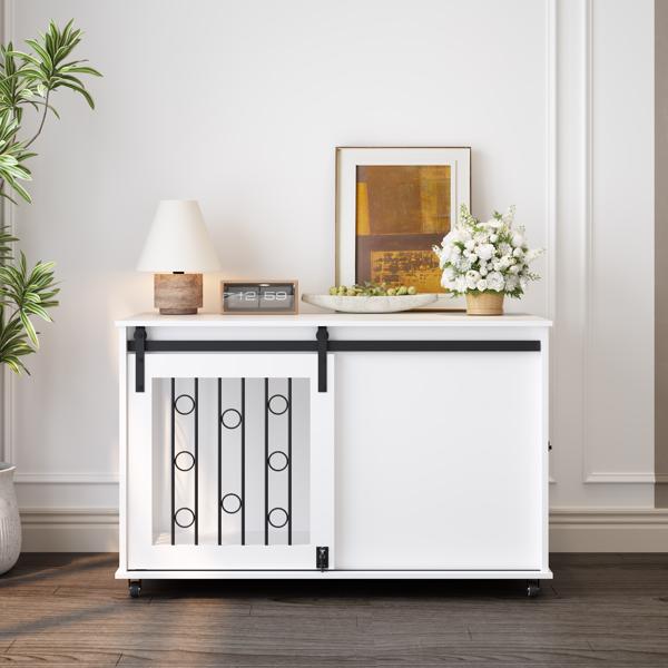 39.37英寸现代木制狗笼家具，带滑动谷仓门和侧门，室内狗窝边桌，适用于小型至中型犬，装饰性宠物笼，带金属栏杆和可锁定轮子 – 白色-14