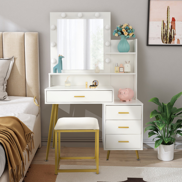白色 刨花板 铁脚 四抽 三层架 梳妆桌套装 三色调光 N001-1