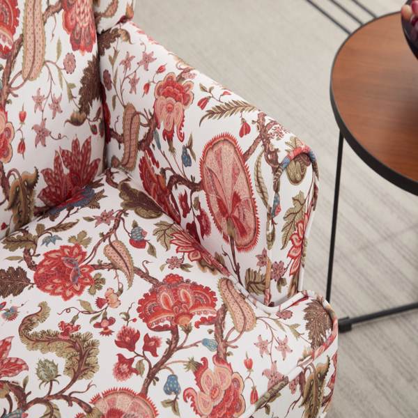 现代风格休闲椅，搭配复古木质椅腿，舒适软垫扶手椅，花卉图案单人沙发椅，适合客厅、卧室、办公室使用 - 花卉红色-10