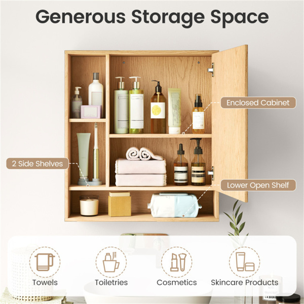 二合一镜面浴室壁柜，带隐藏式储物和架子的节省空间的药柜 - 自然色-9