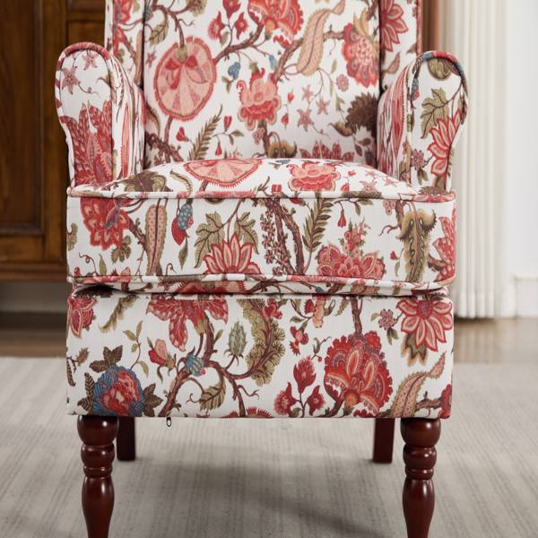 现代风格休闲椅，搭配复古木质椅腿，舒适软垫扶手椅，花卉图案单人沙发椅，适合客厅、卧室、办公室使用 - 花卉红色-14