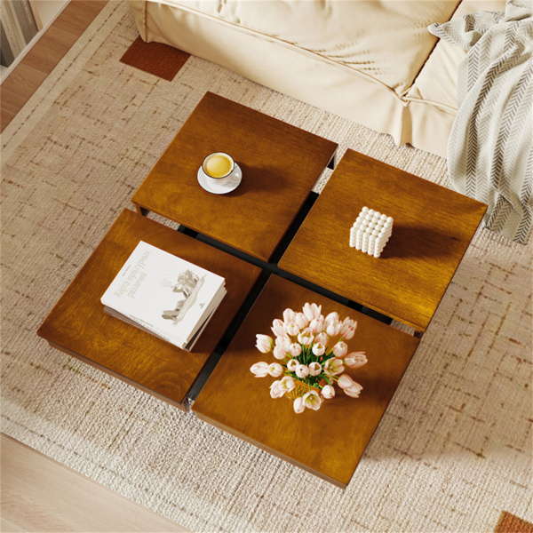 现代方形浮动咖啡桌Okume木单板4段收纳胡桃木和黑色-10