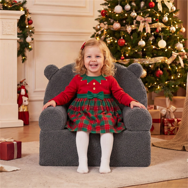 熊形儿童沙发，适合3岁以上幼儿的泰迪羊毛泡沫椅，便携式熊形沙发（灰色）-7