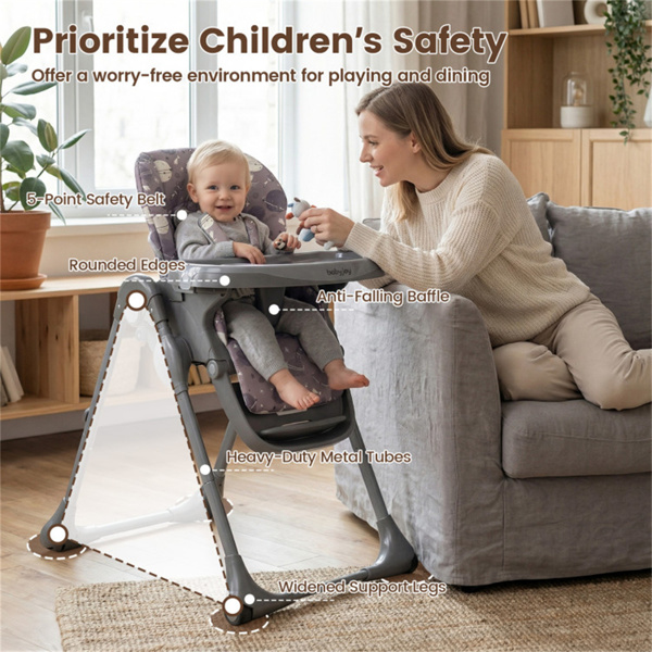 灰色婴儿高脚椅，可调节高度/靠背/脚踏，带轮子可折叠-10