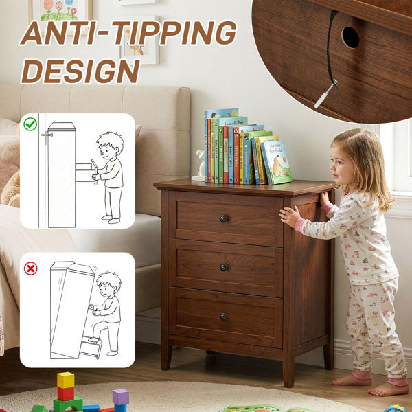 棕色（1061实木樱桃） P2 密度板+刨花板 贴三胺 拼框 60*40*70cm 三抽 床头柜 1USB+1TYPE-C+2三插 美规-2