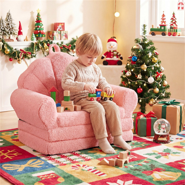 2合1翻盖式儿童沙发躺椅，带提手的泰迪羊毛婴儿沙发，适合3岁以上儿童（粉色）-2