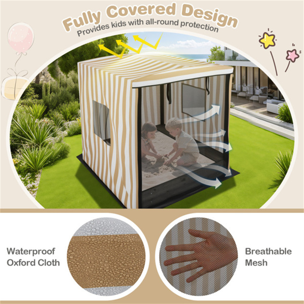 棕色儿童木制沙箱，带防水顶棚，内置座椅和储物空间-7