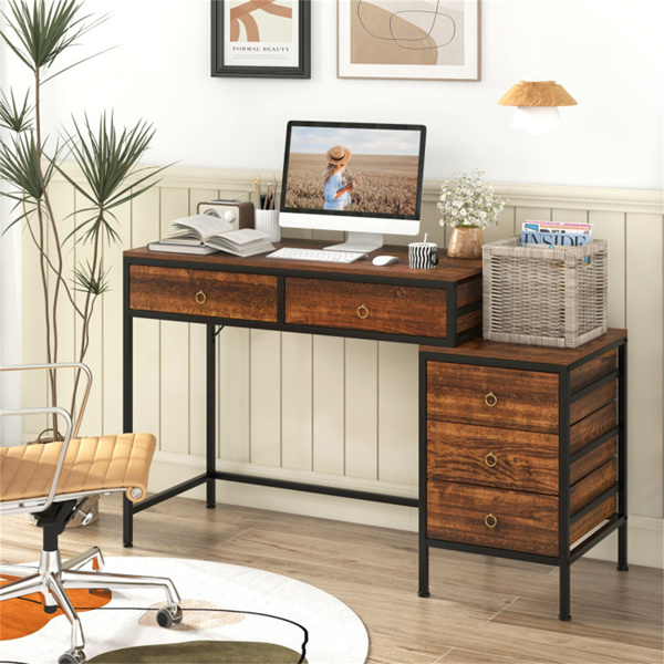 家庭办公室双桌面办公桌，带5个储物抽屉，粉末涂层金属框架工程木 棕色-6