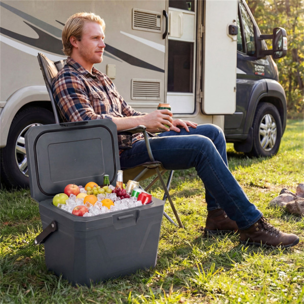 21Qt便携式冷藏箱，带3层隔热层，硬壳冰柜，带2个杯架，适用于户外露营钓鱼（灰色）-6