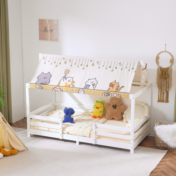 白色 油漆面 松木 带布蓬屋顶造型 205*95*141cm 儿童木床-5