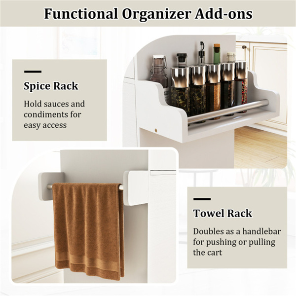 41.5英寸带储物空间的滚动厨房岛推车，带抽屉和橱柜的白色厨房推车，香料架和毛巾架-6