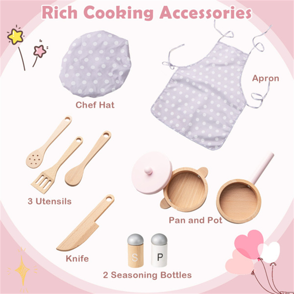 粉色儿童互动木制厨房玩具，具有逼真的灯光和声音-5