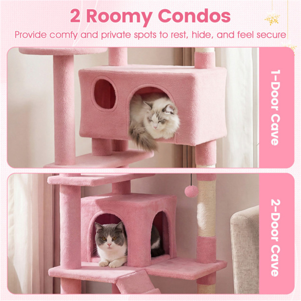 52英寸高的猫树塔，带门廊和公寓，多猫游乐场，带划痕柱（粉色）-7
