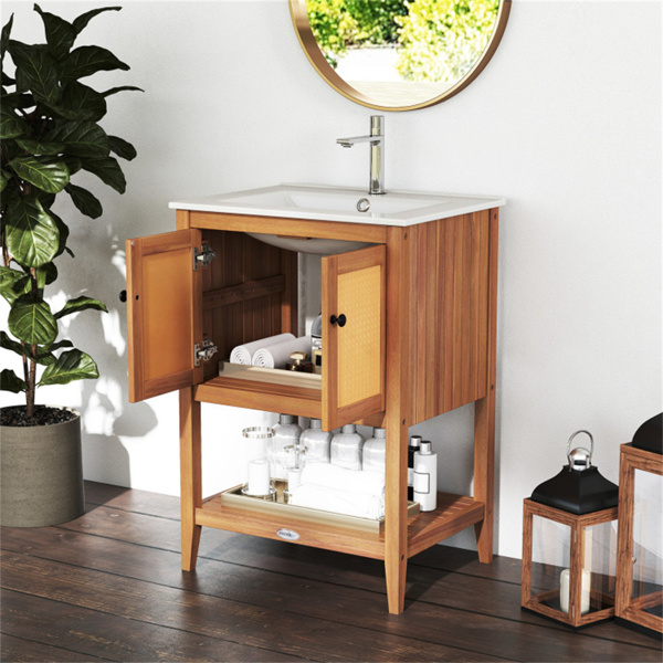 双门藤条浴室梳妆台，相思木橱柜，带陶瓷水槽（白色+天然）-9