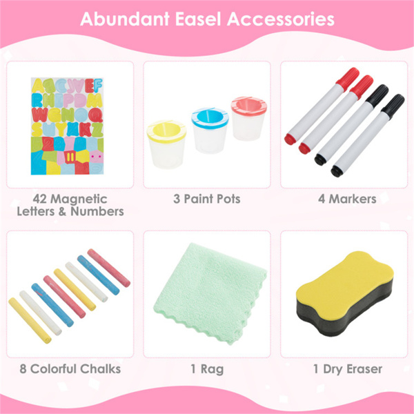 三合一木制儿童画架自然+粉色，磁性黑板/白板60个配件-9
