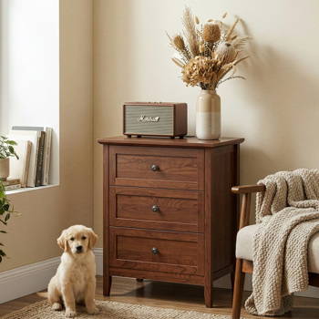 棕色（1061实木樱桃） P2 密度板+刨花板 贴三胺 拼框 60*40*70cm 三抽 床头柜 1USB+1TYPE-C+2三插 美规