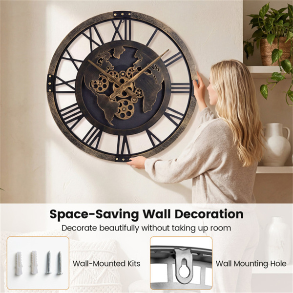 .带世界地图的棕色齿轮挂钟，27英寸大型无刻度石英机芯装饰家居时钟-6