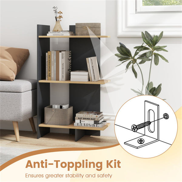 橡木色三层木制书架，每架66磅工程板防倾倒套件-10