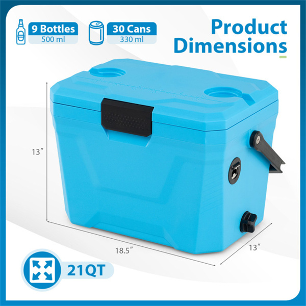21Qt便携式冷藏箱，带3层隔热层，硬壳冰柜，带2个杯架，适用于户外露营钓鱼（蓝色）-5