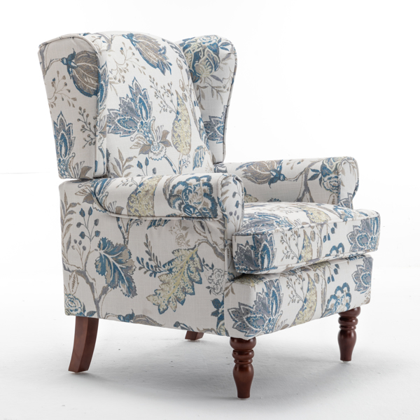 现代风格休闲椅，搭配复古木质椅腿，舒适软垫扶手椅，花卉图案单人沙发椅，适合客厅、卧室、办公室使用 - 花卉蓝色-19