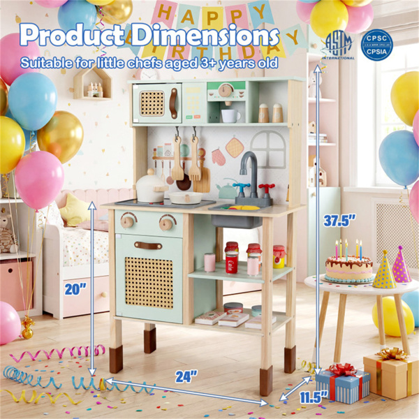 绿色木制儿童游戏厨房，互动式光/声炉，带微波炉/烤箱/黑板存储选项-15