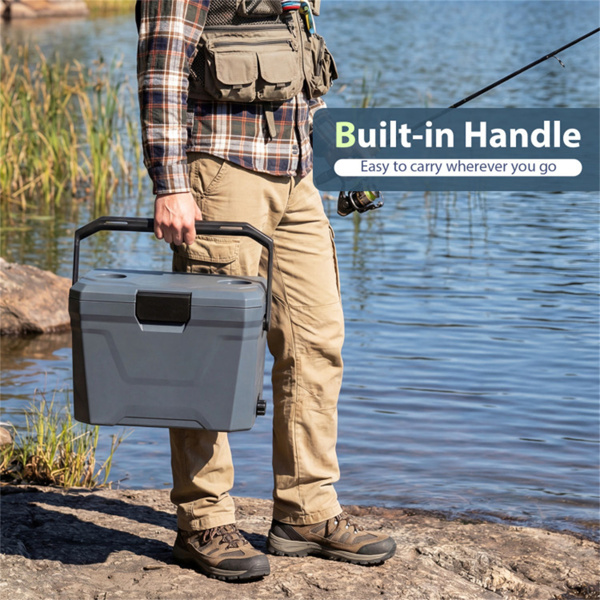 21Qt便携式冷藏箱，带3层隔热层，硬壳冰柜，带2个杯架，适用于户外露营钓鱼（灰色）-9