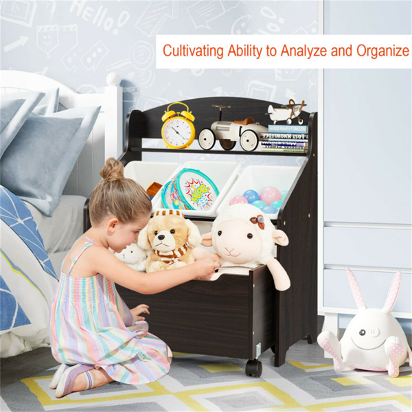 多功能儿童储物柜，带大容量玩具箱和展示架，安全的圆角儿童玩具书收纳柜 棕色-7