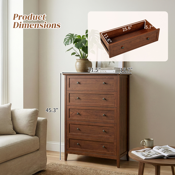 棕色（1061实木樱桃） P2 刨花板+密度板 三胺 80*40*115cm  拼框 双把手五抽 抽屉柜-14