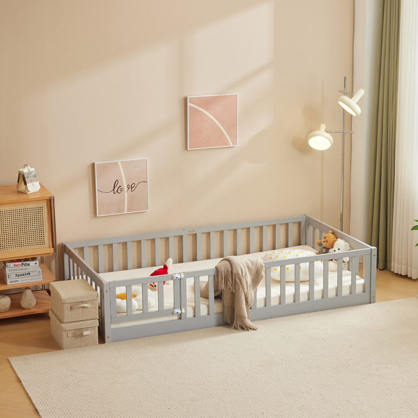 灰色 油漆面 松木 围栏床 带门 带铺板 Twin 儿童木床-8