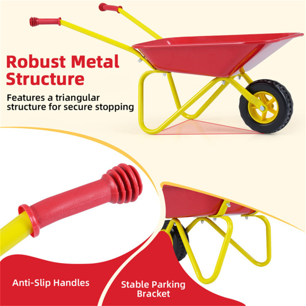 儿童花园游戏车金属独轮车，防滑把手，无划痕边缘，适合后院海滩使用 31" x 18" x 14"-5