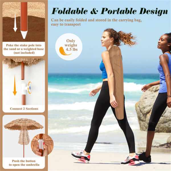 6英尺茅草提基露台伞，带按钮倾斜的热带户外伞（自然）-6