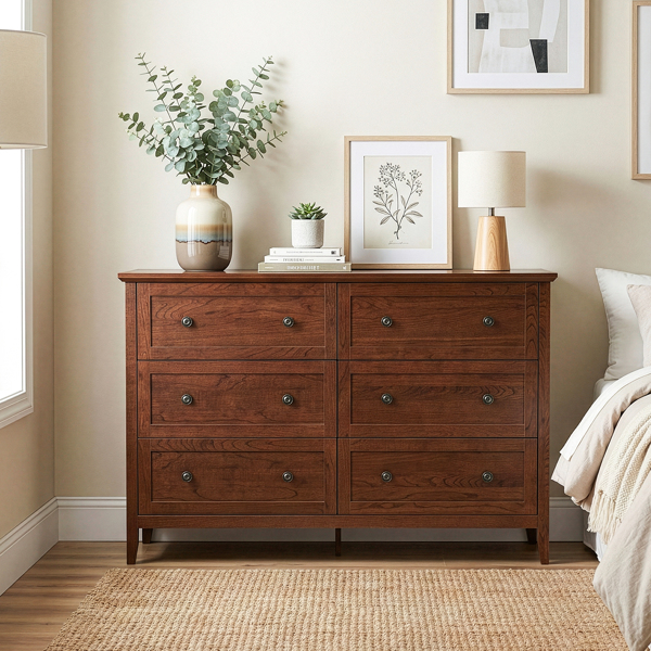 棕色（1061实木樱桃） P2 刨花板+密度板 三胺 120*40*80cm 拼框 双排双把手六抽 抽屉柜-11