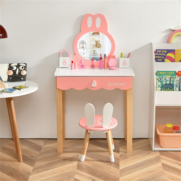 儿童兔子梳妆台套装，带可拆卸防碎镜子，粉色和白色化妆台，带抽屉和女孩椅子-2