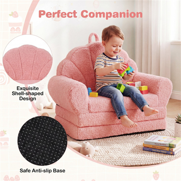 2合1翻盖式儿童沙发躺椅，带提手的泰迪羊毛婴儿沙发，适合3岁以上儿童（粉色）-11