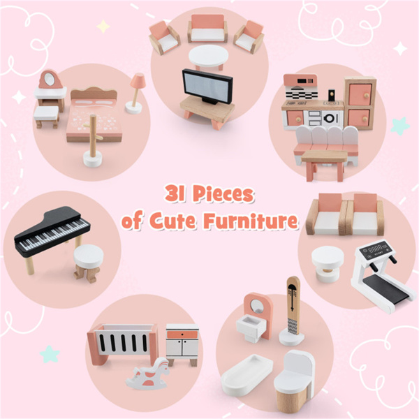 3层娃娃屋，有7个房间和31件可爱的家具，中密度纤维板+松木角设计的儿童玩具-5