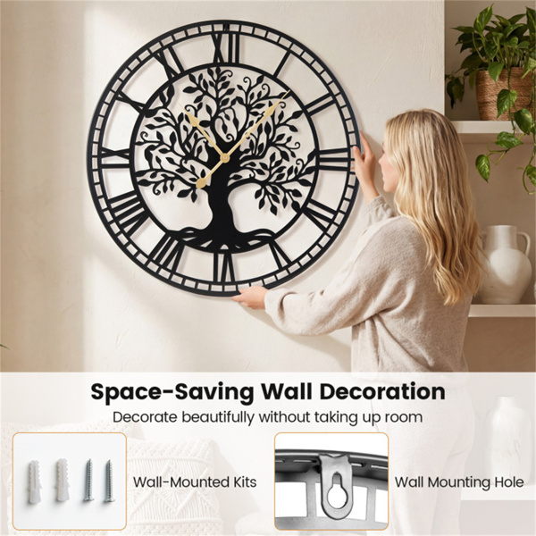 黑色生命之树装饰挂钟，27英寸无刻度石英机芯，易于阅读-4