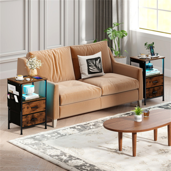 2个床头柜带LED灯和充电站，2个折叠式织物抽屉-6