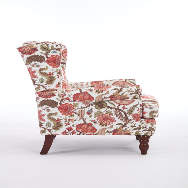 现代风格休闲椅，搭配复古木质椅腿，舒适软垫扶手椅，花卉图案单人沙发椅，适合客厅、卧室、办公室使用 - 花卉红色-6