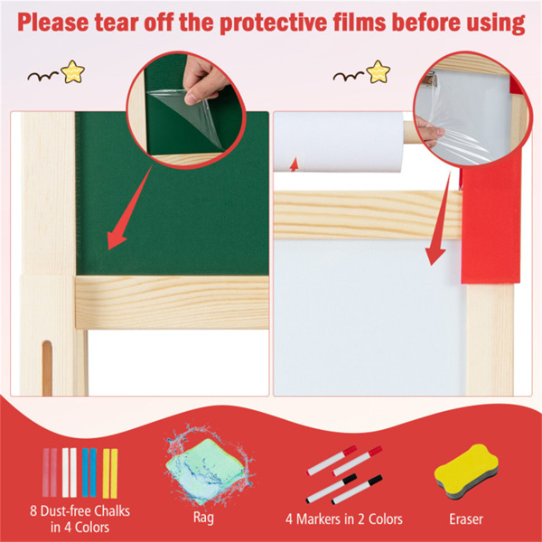 三合一木制儿童画架自然+蓝色，磁性黑板/白板60个配件-7