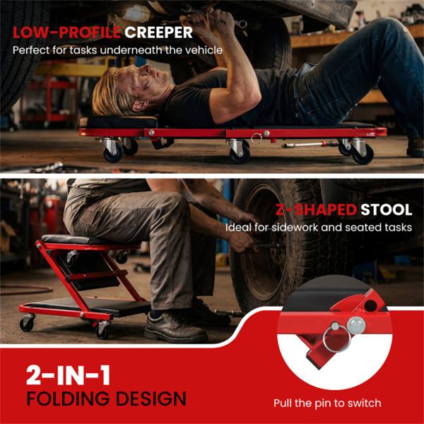 2合1折叠机械爬行凳，6个通用脚轮软垫座椅，适用于车库车间-9