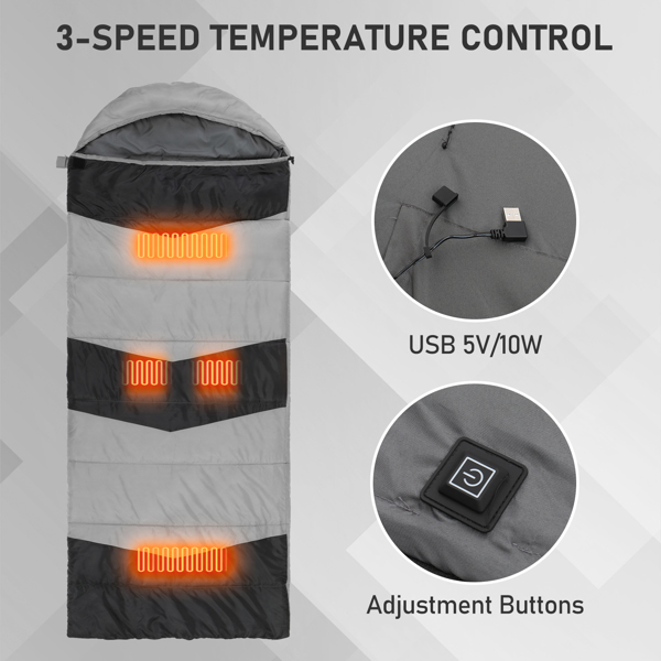 灰底黑色箭头 睡袋 涤丝布防水面布 春亚纺透气灰里布 中空棉 210*85cm 戴帽加热款 1500g 三档调温 带收纳袋 温度范围-10-10℃-1