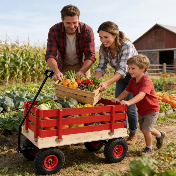 红色木制手推车，带折叠把手，重型全地形儿童手推车，适用于户外、花园、露营和海滩 - 经典拉式多功能手推车--不支持self-pick up且不支持指定仓库发货-16