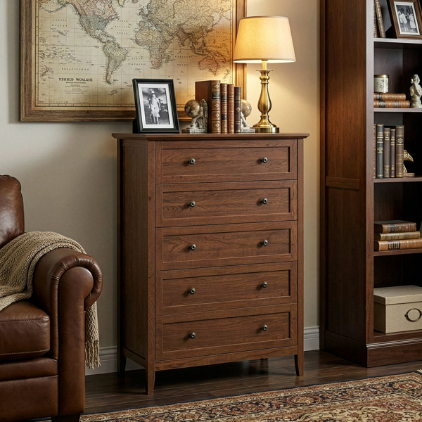 棕色（1061实木樱桃） P2 刨花板+密度板 三胺 80*40*115cm  拼框 双把手五抽 抽屉柜-9