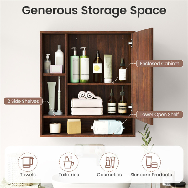 二合一镜面浴室壁柜，带隐藏式储物和架子的节省空间的药柜 - 胡桃色-9