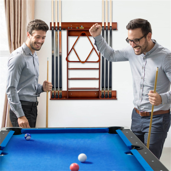 棕色松木壁挂式台球球杆架，可容纳8个球杆和16个球，配有5个储物舱-4