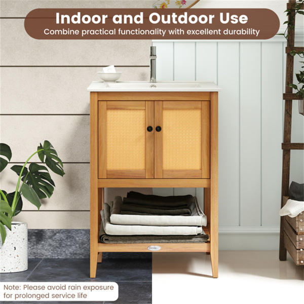 双门藤条浴室梳妆台，相思木橱柜，带陶瓷水槽（白色+天然）-3