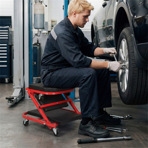 2合1折叠机械爬行凳，6个通用脚轮软垫座椅，适用于车库车间-4