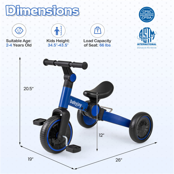 五合一折叠式幼儿三轮车，可调节把手和符合人体工程学的座椅，带可拆卸踏板 - 蓝色-4
